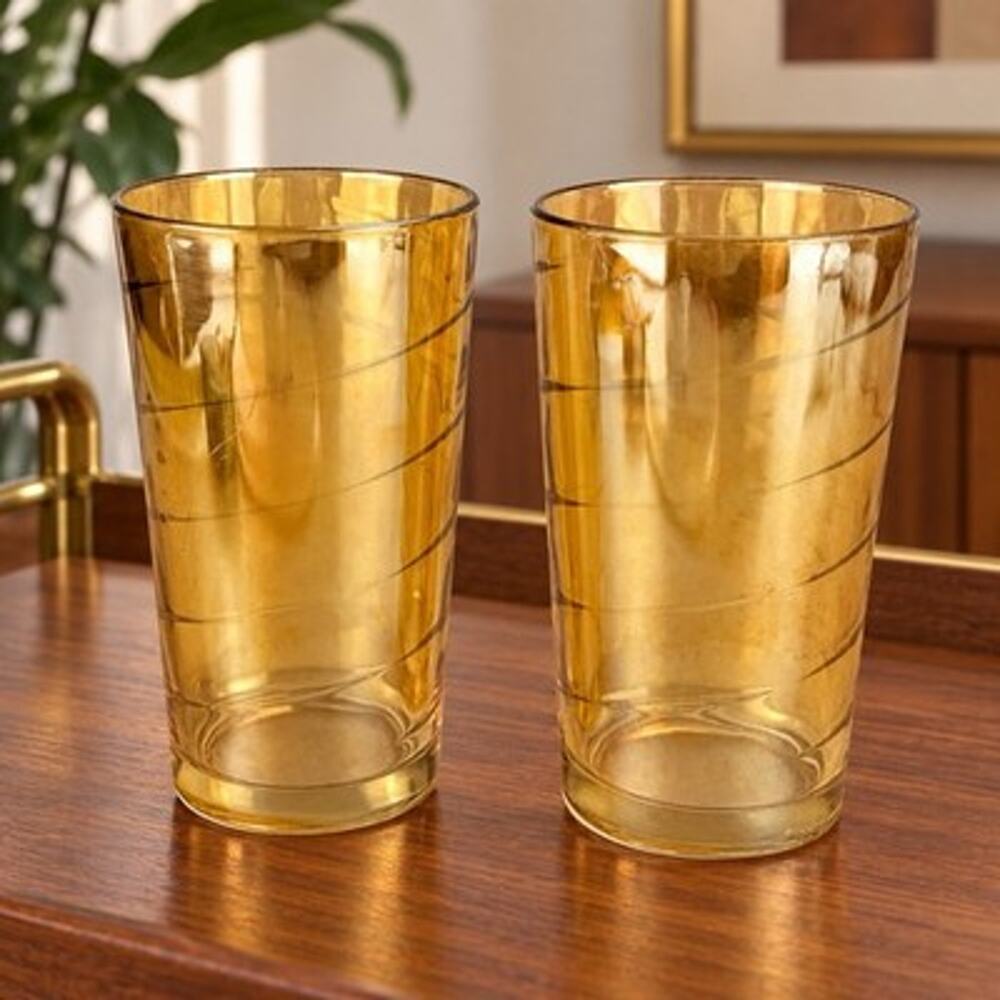 Vintage Amber Iridescent Drinking Glasses Set of 2 Spiral Swirl Tumblers 5”